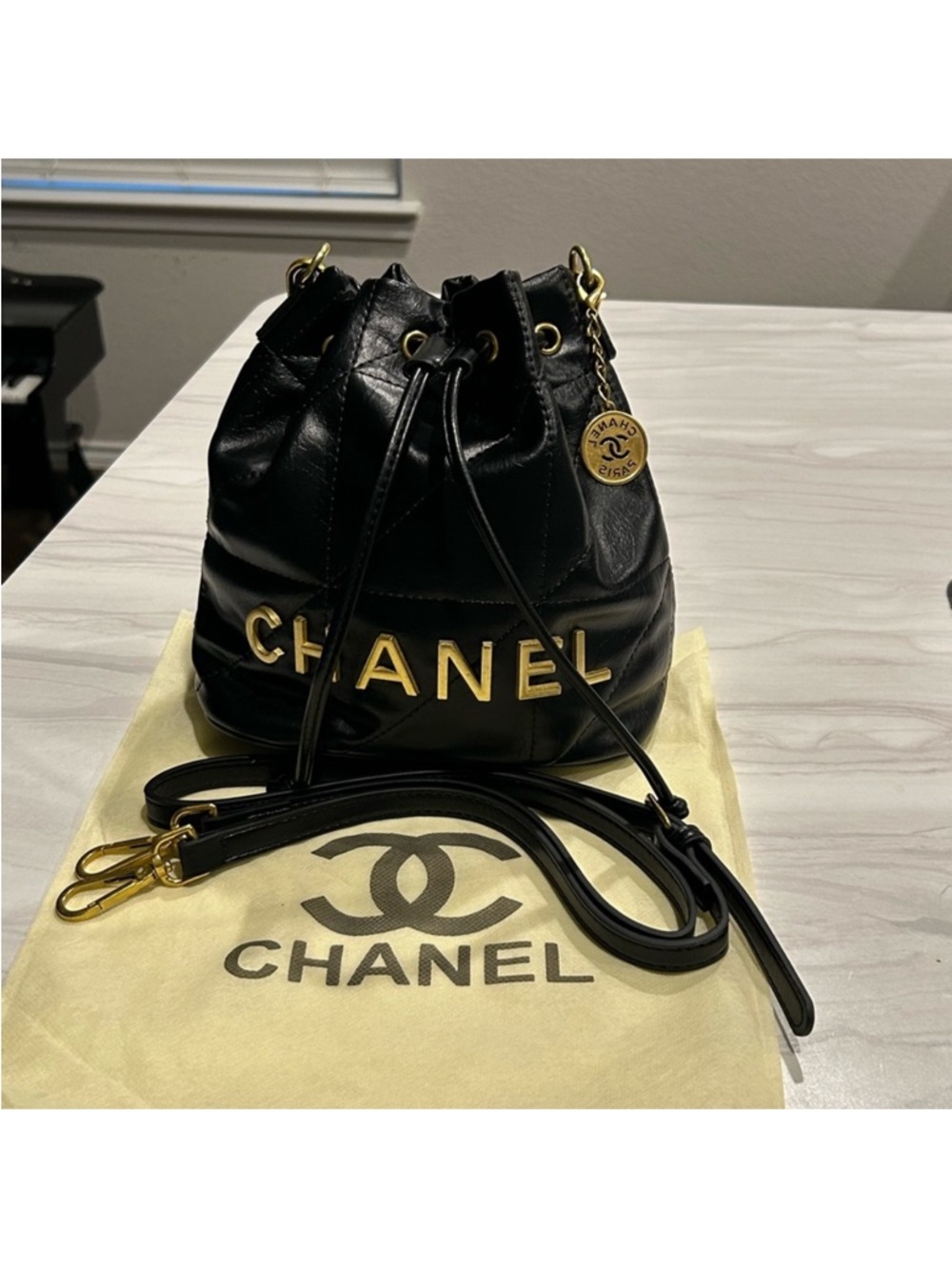 CHANEL VIP GWP Black Quilted Leather Bucket Crossbody with Gold Logo Accent